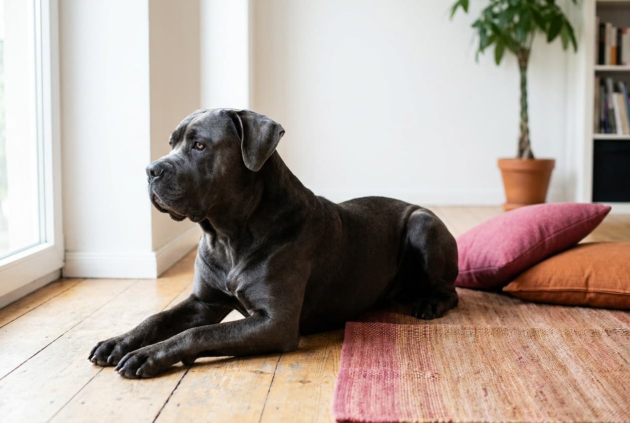 A Cane Corso relaxing at home