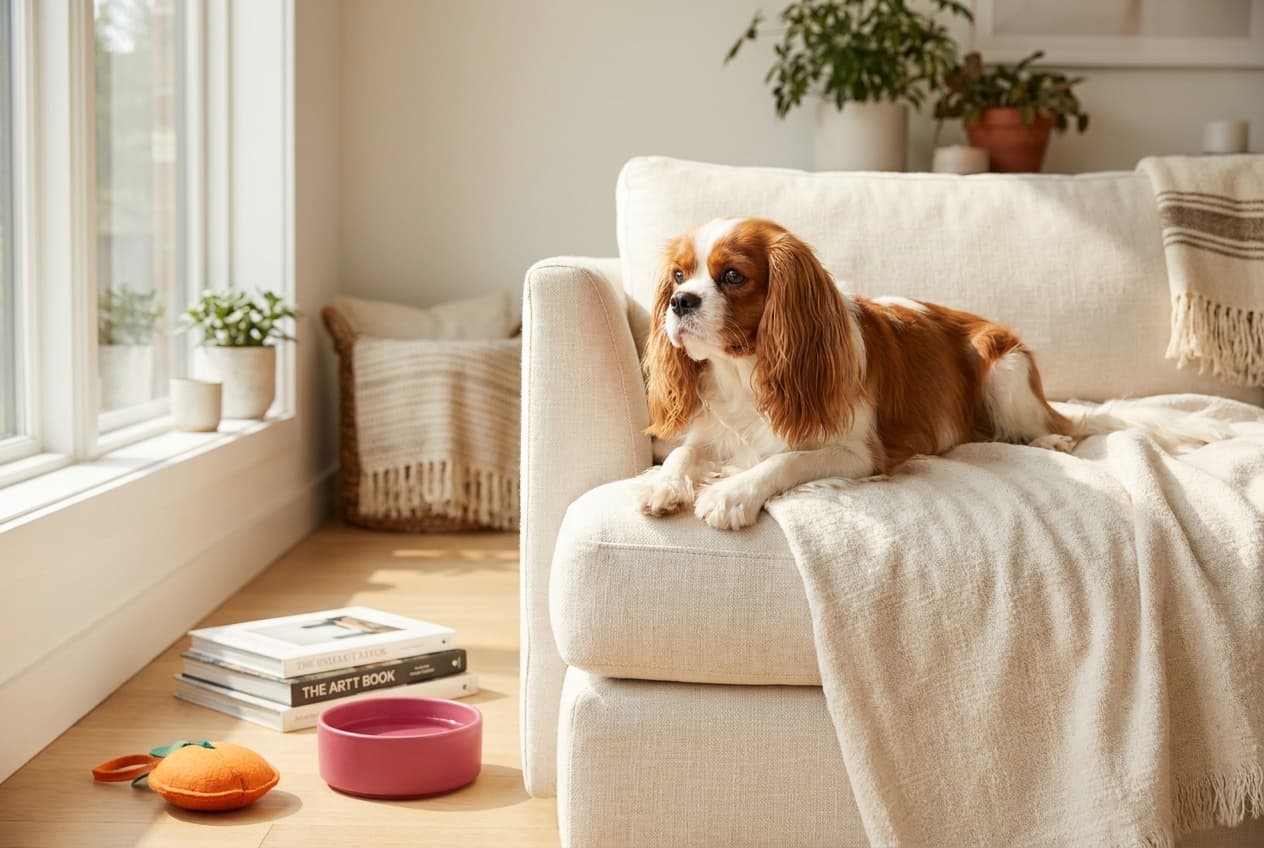 A Cavalier King Charles Spaniel relaxing at home