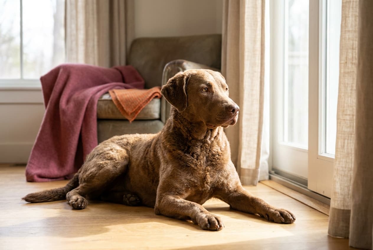 A Chesapeake Bay Retriever relaxing at home