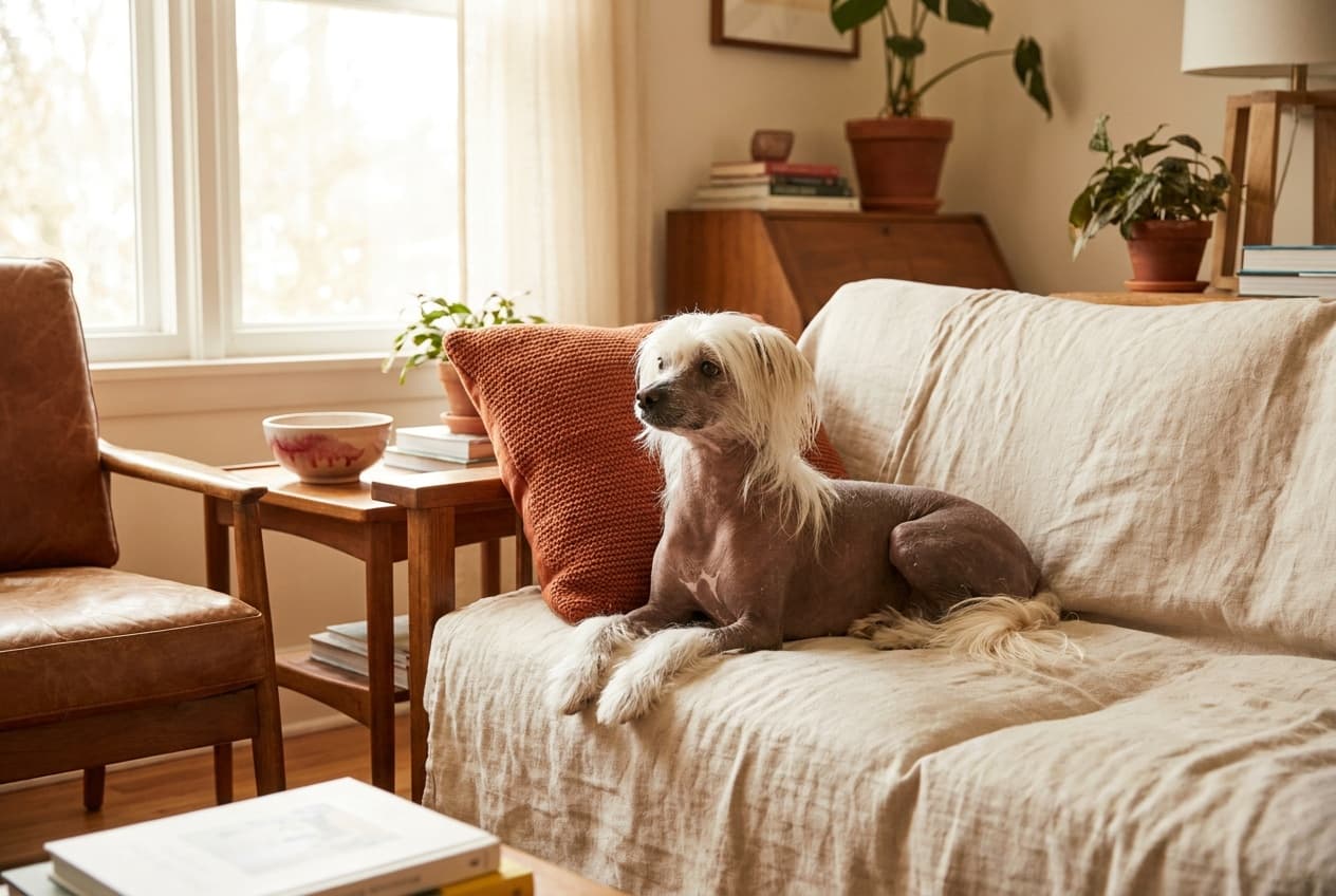 A Chinese Crested relaxing at home