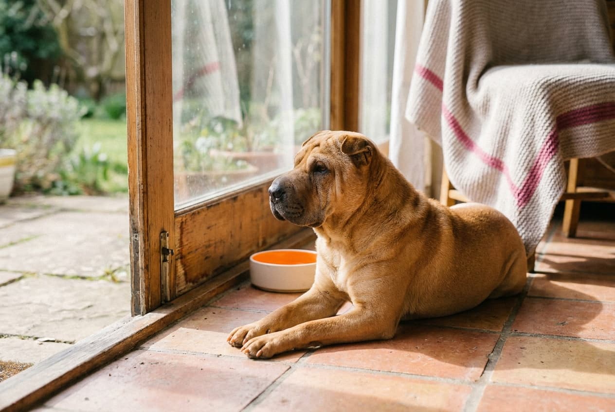 A Chinese Shar-Pei relaxing at home
