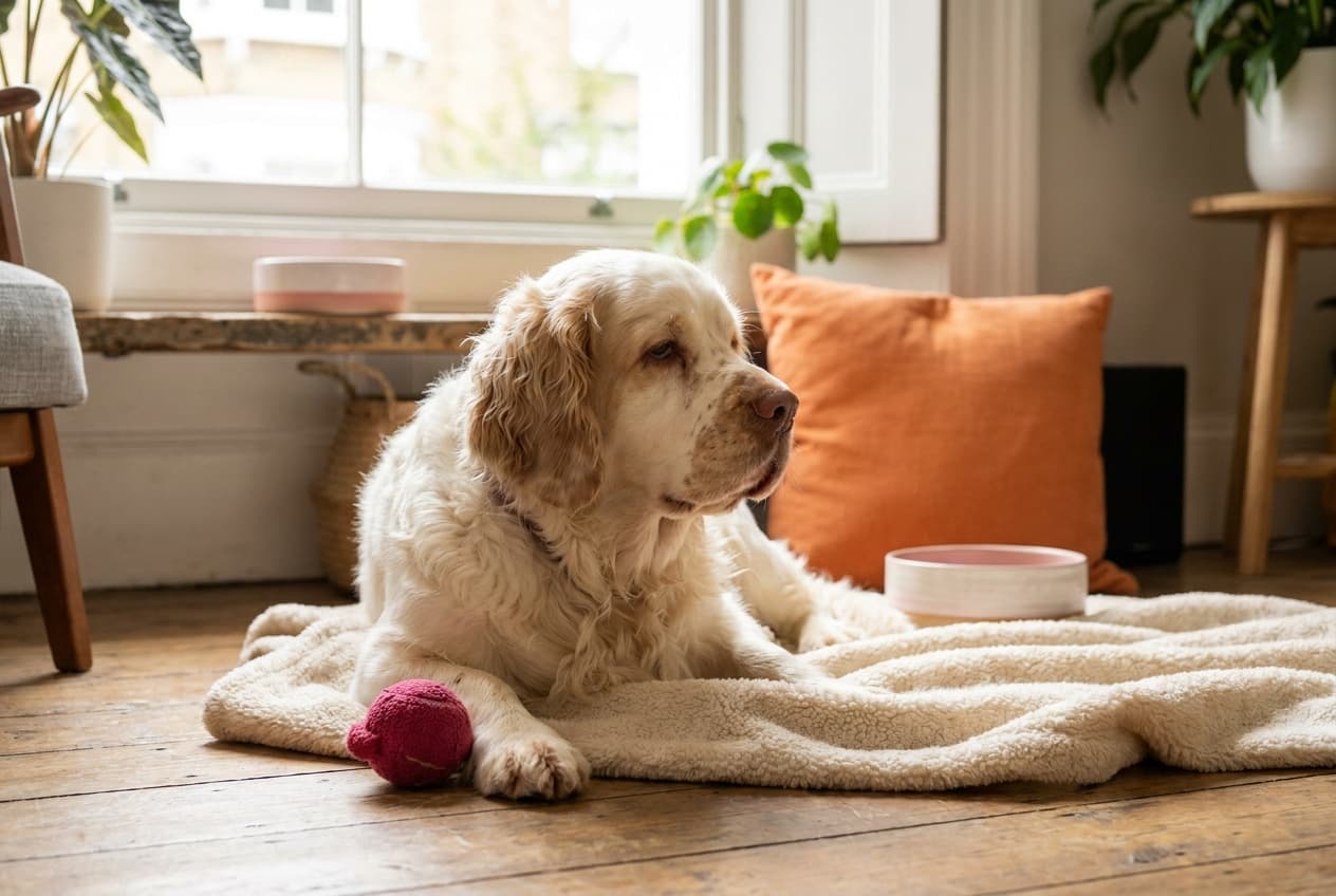 A Clumber Spaniel relaxing at home