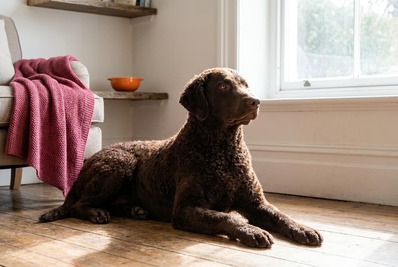 A Curly-Coated Retriever relaxing at home