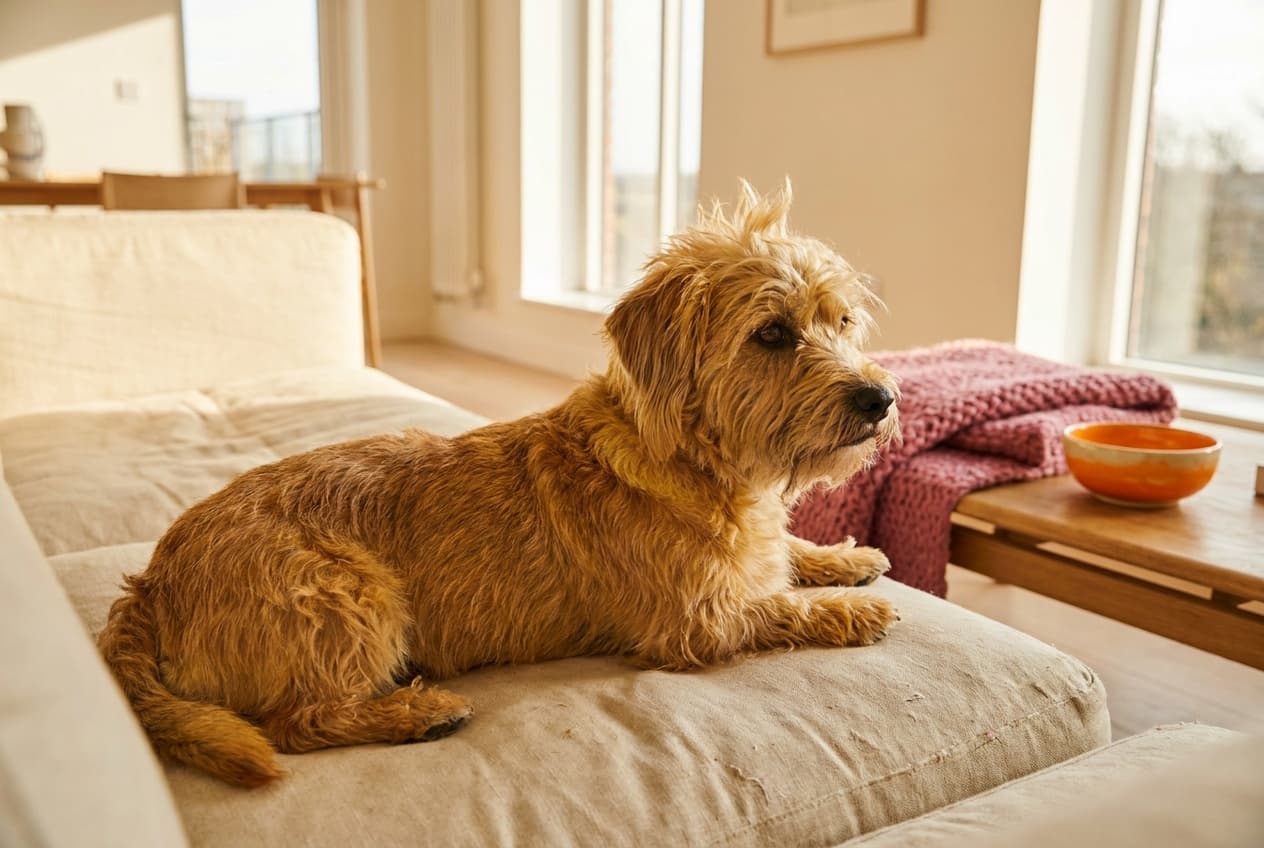 A Dandie Dinmont Terrier relaxing at home