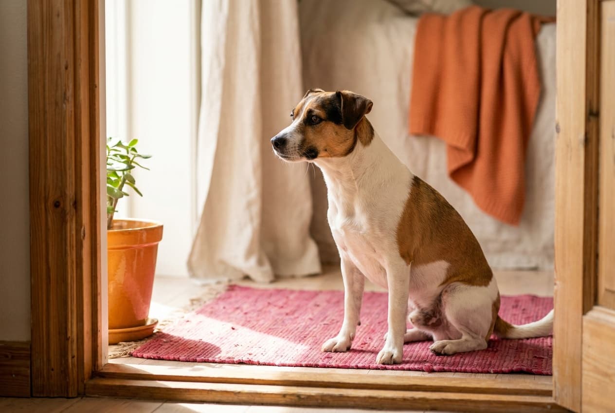 A Danish-Swedish Farmdog relaxing at home