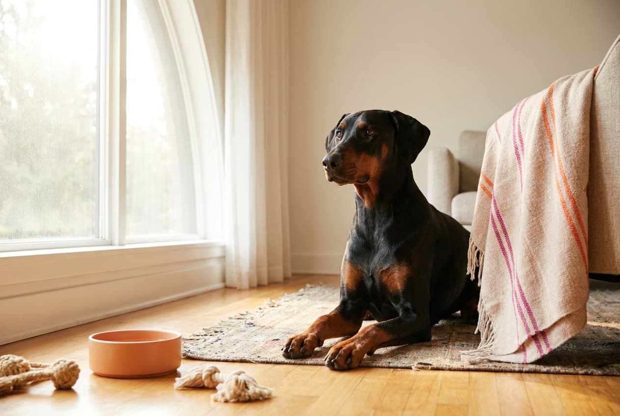 A Doberman Pinscher relaxing at home