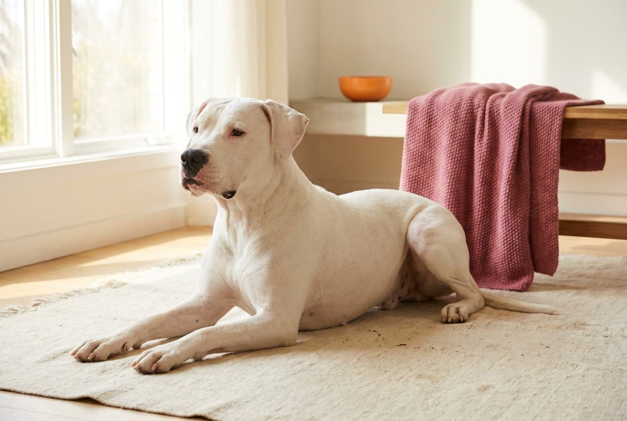 A Dogo Argentino relaxing at home