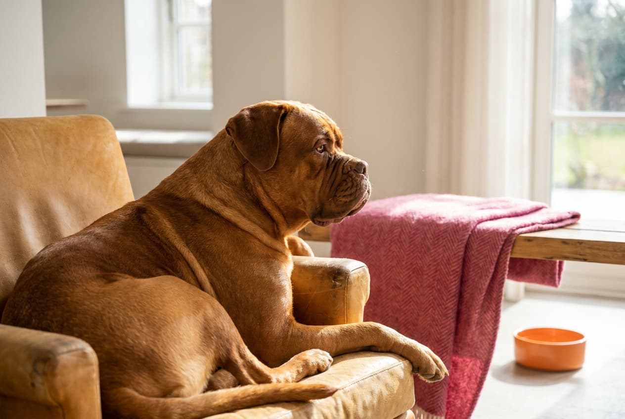 A Dogue de Bordeaux relaxing at home