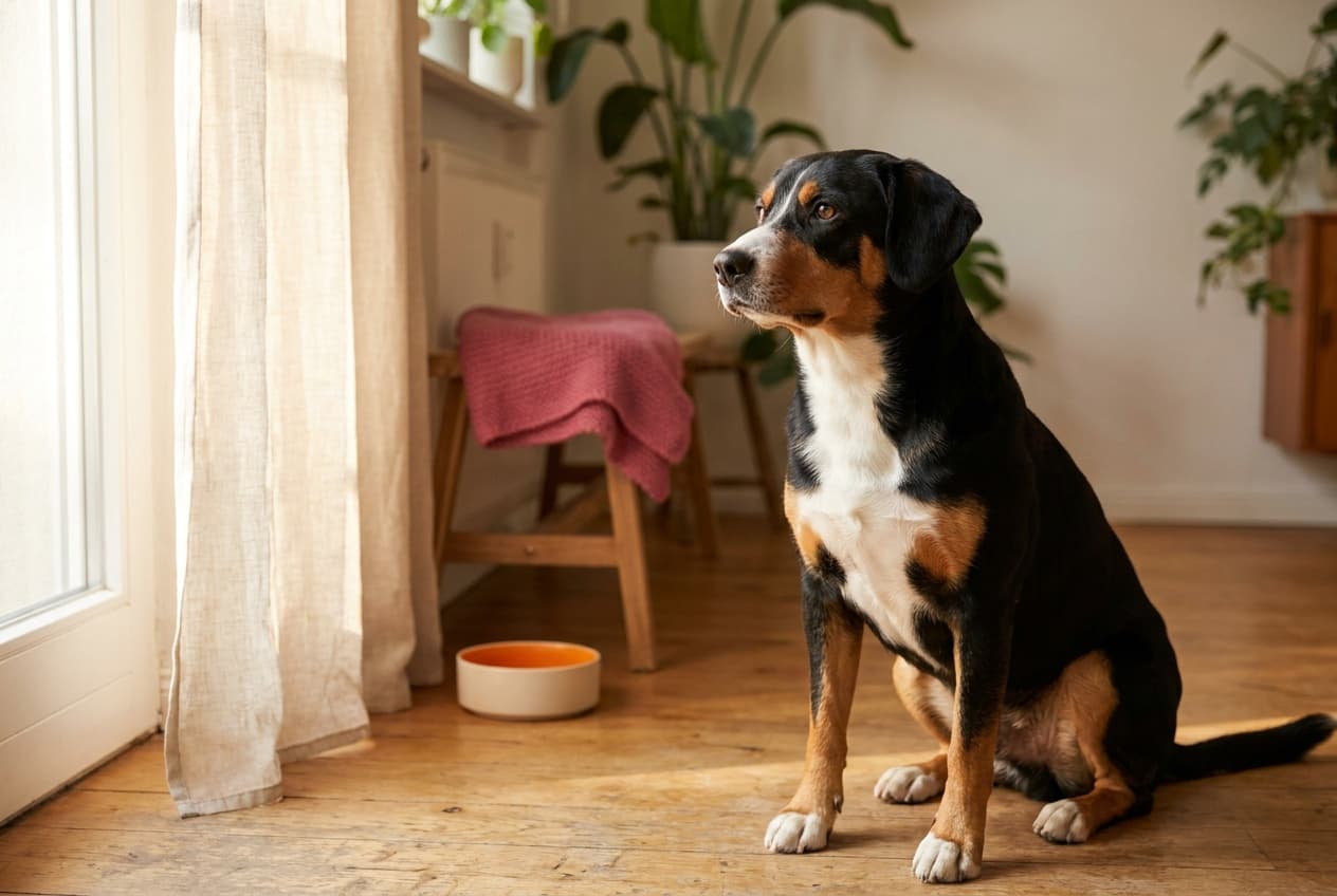 A Entlebucher Mountain Dog relaxing at home