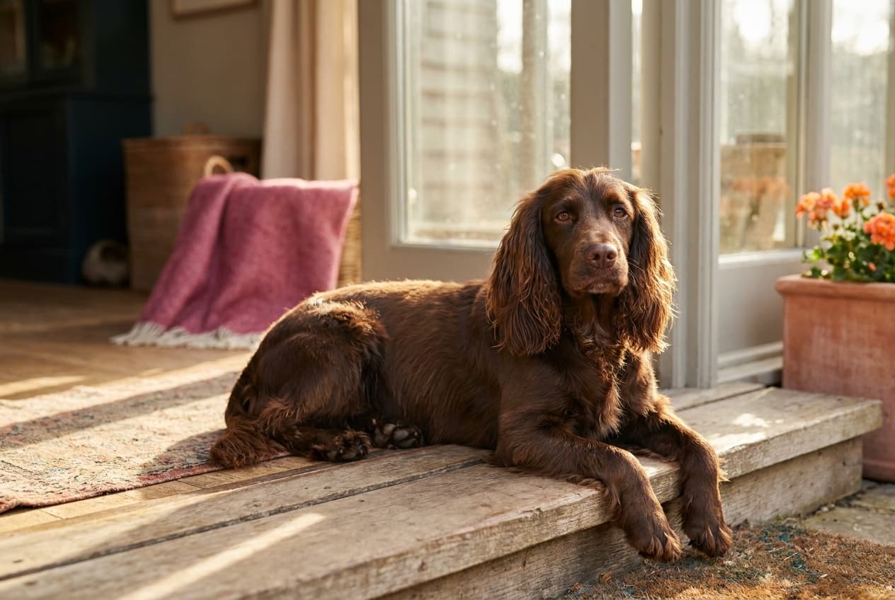 A Field Spaniel relaxing at home