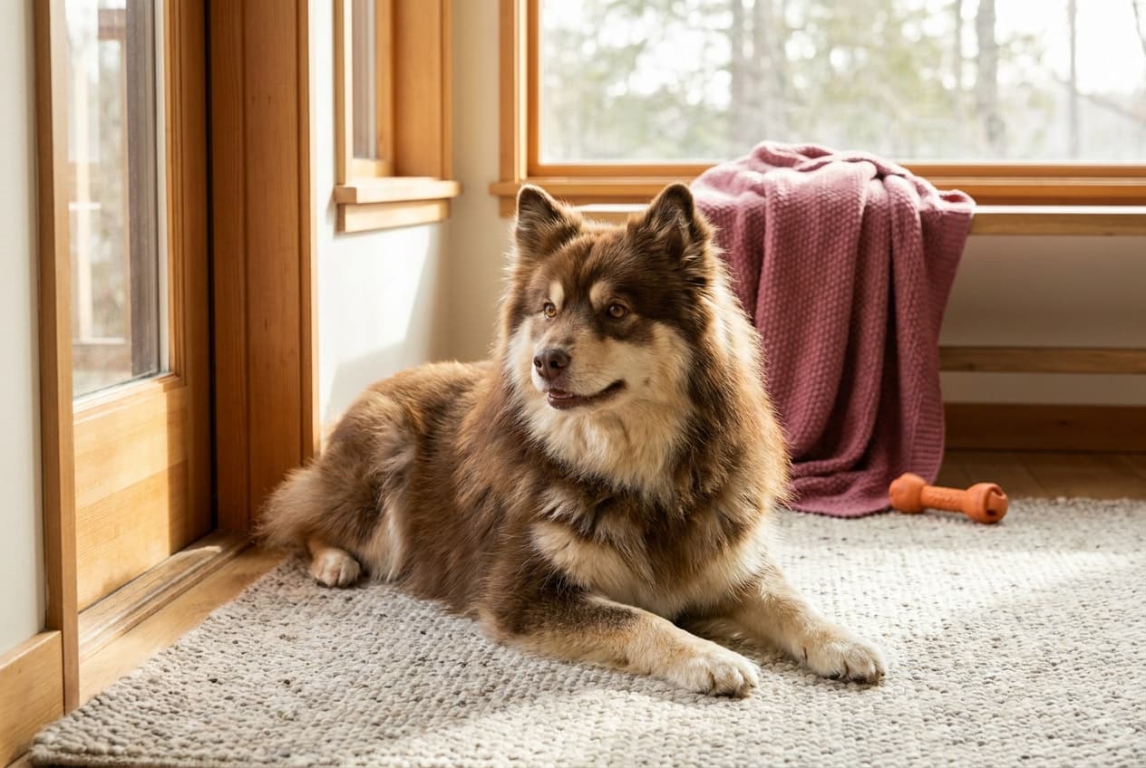 A Finnish Lapphund relaxing at home