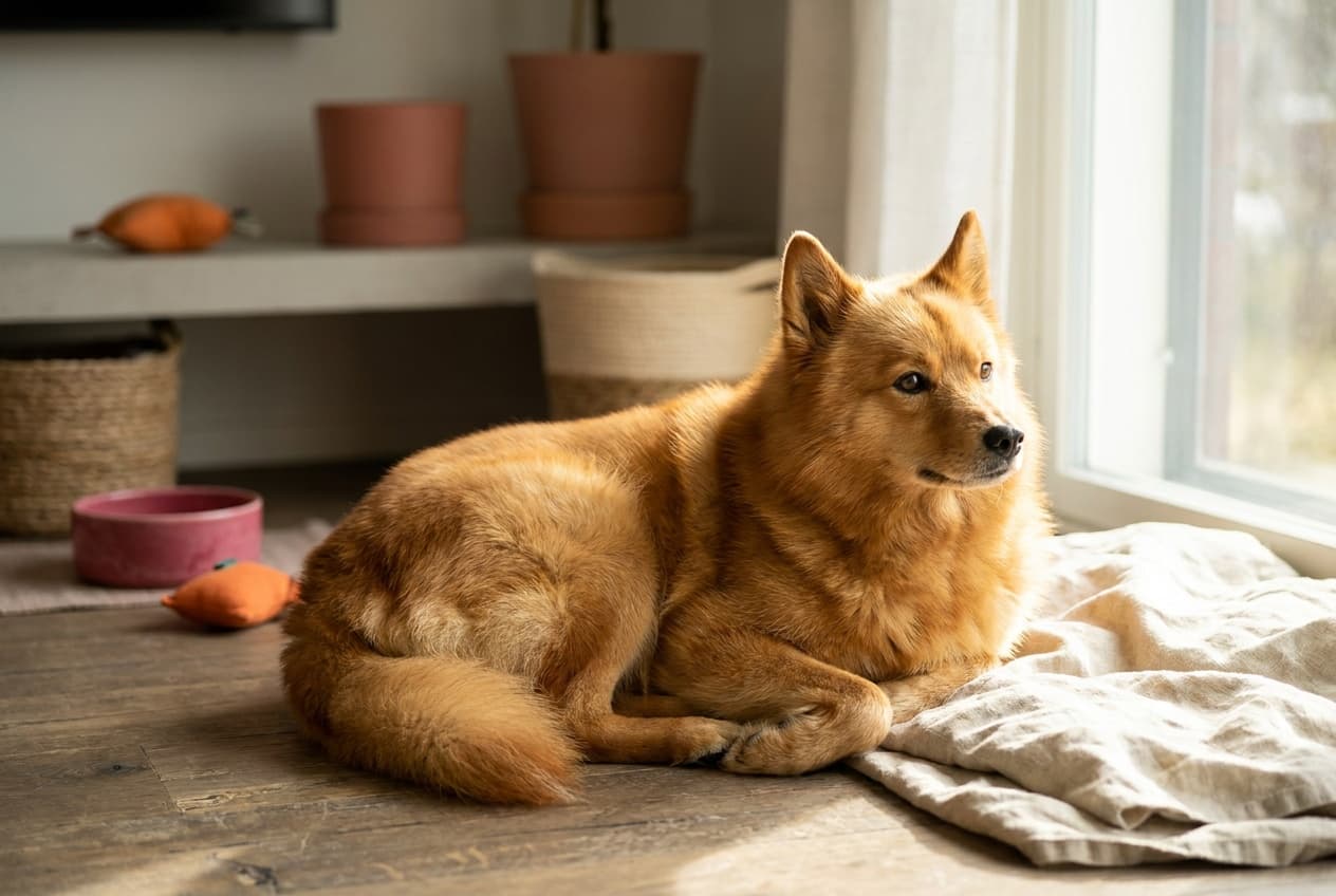 A Finnish Spitz relaxing at home