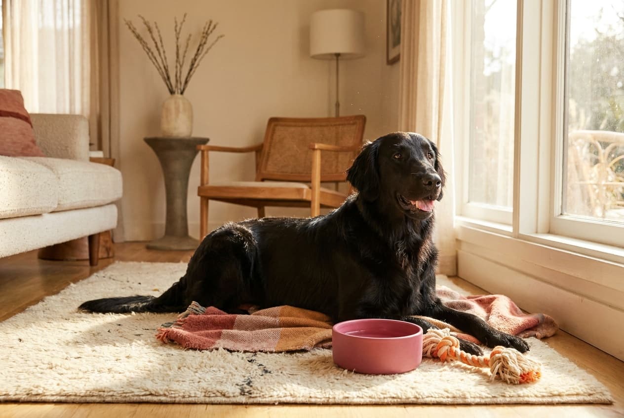 A Flat-Coated Retriever relaxing at home