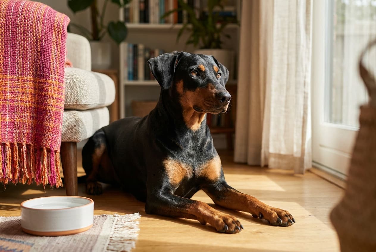 A German Pinscher relaxing at home