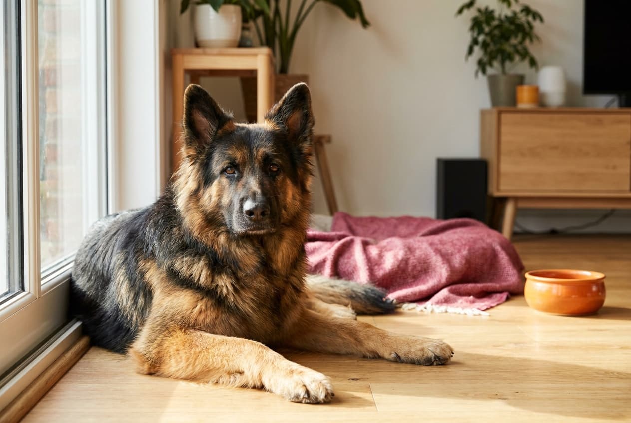 A German Shepherd Dog relaxing at home