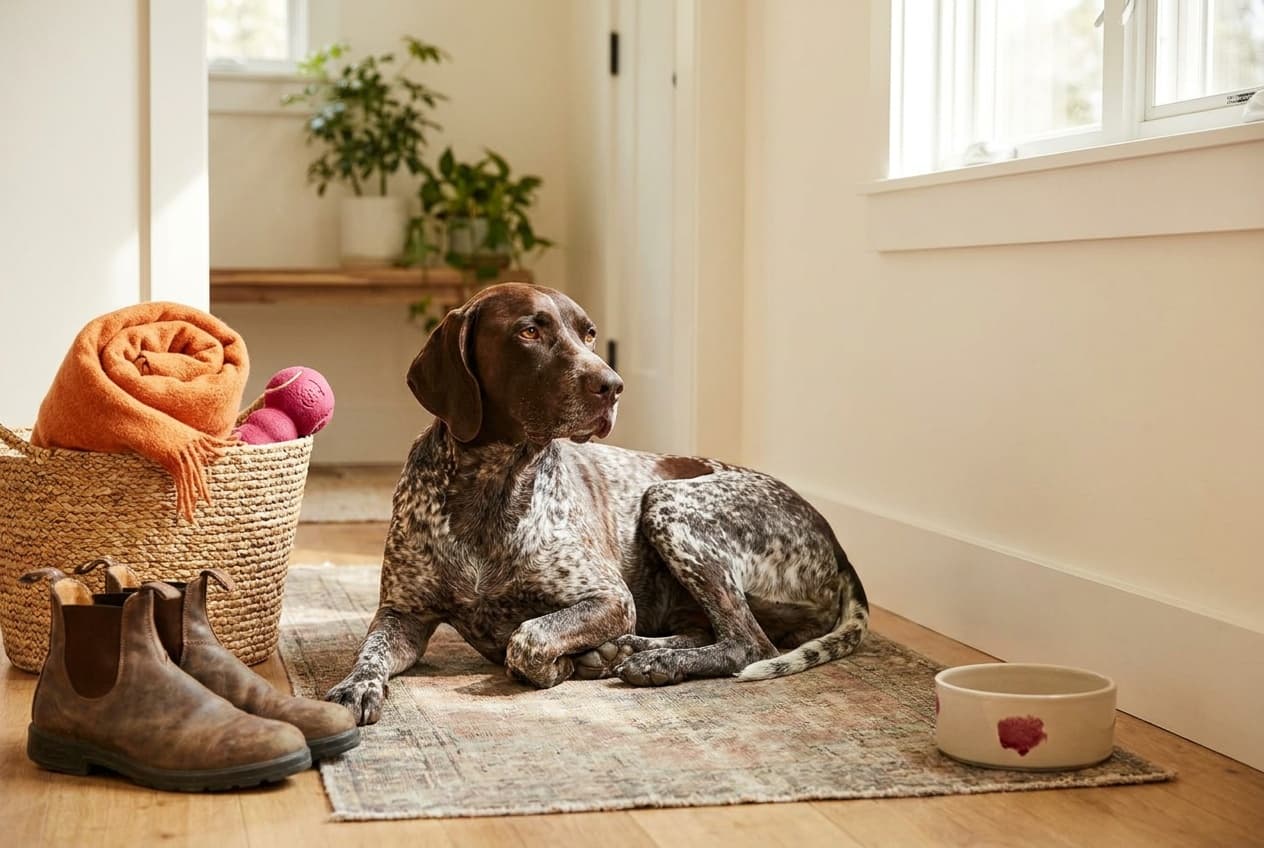 A German Shorthaired Pointer relaxing at home