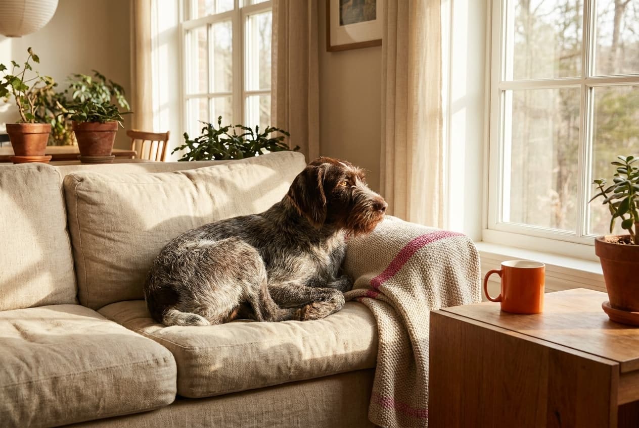 A German Wirehaired Pointer relaxing at home