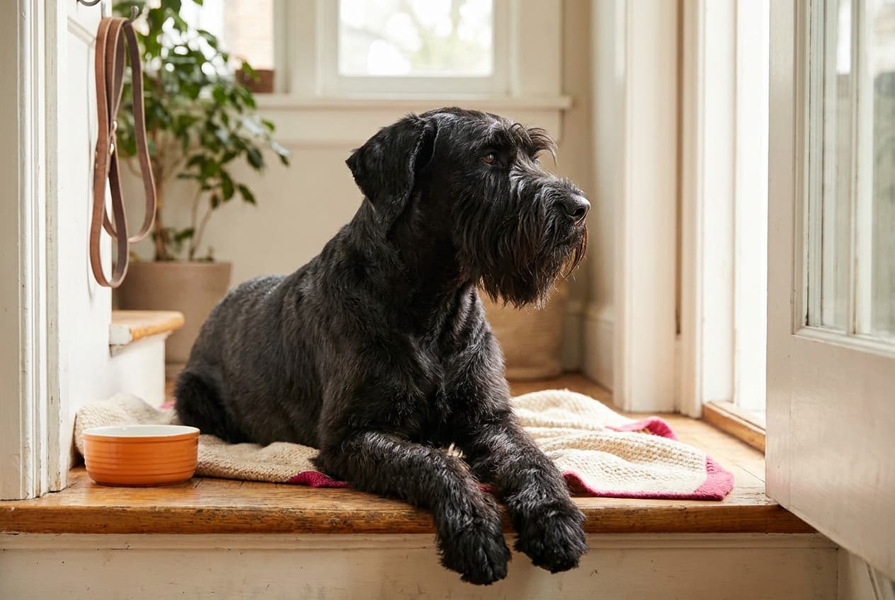 A Giant Schnauzer relaxing at home