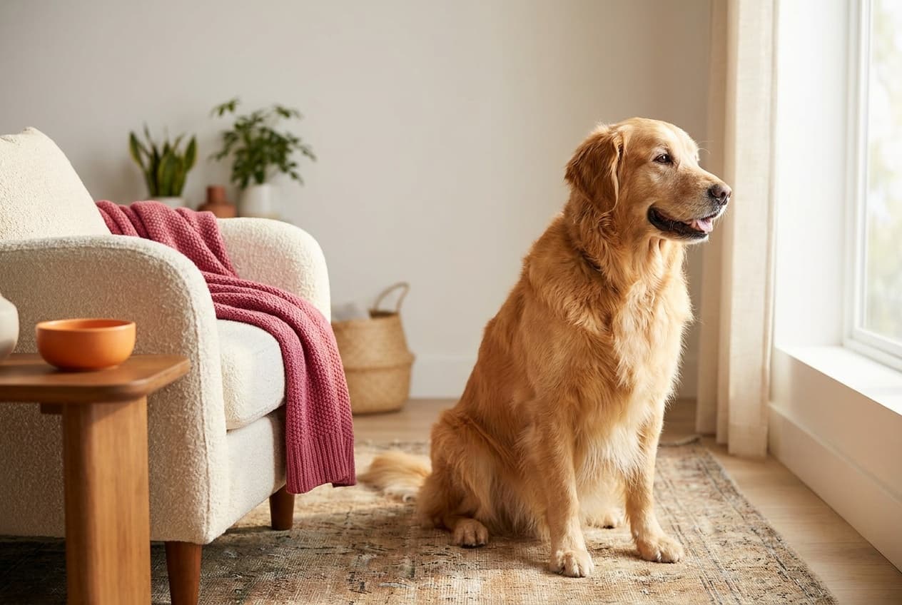 A Golden Retriever relaxing at home