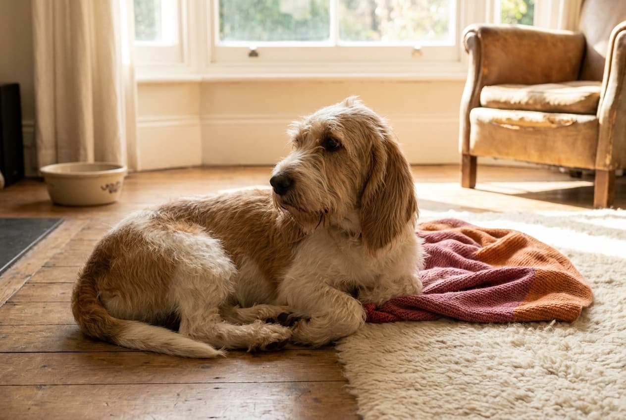 A Grand Basset Griffon Vendéen relaxing at home