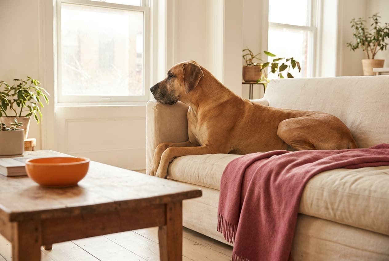 A Great Dane relaxing at home