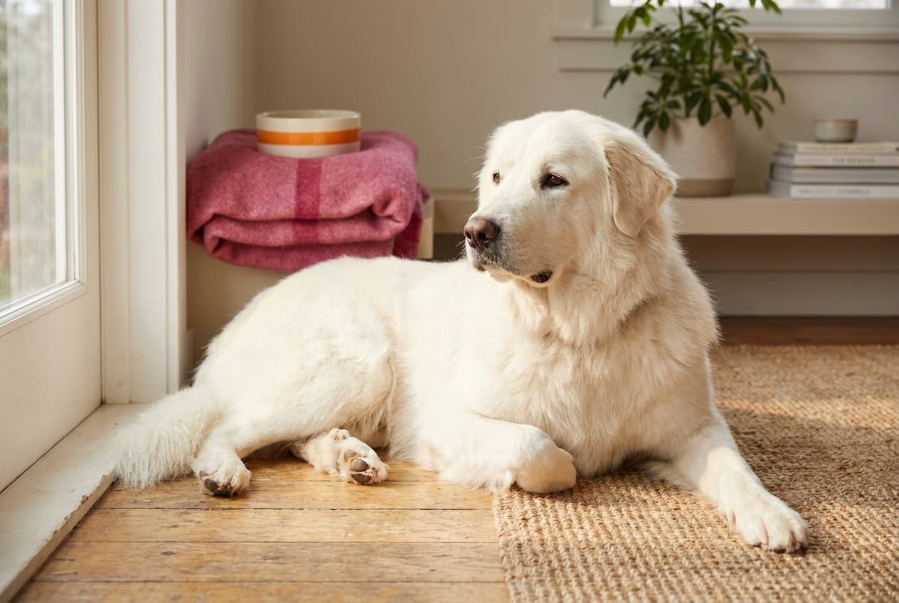 A Great Pyrenees relaxing at home