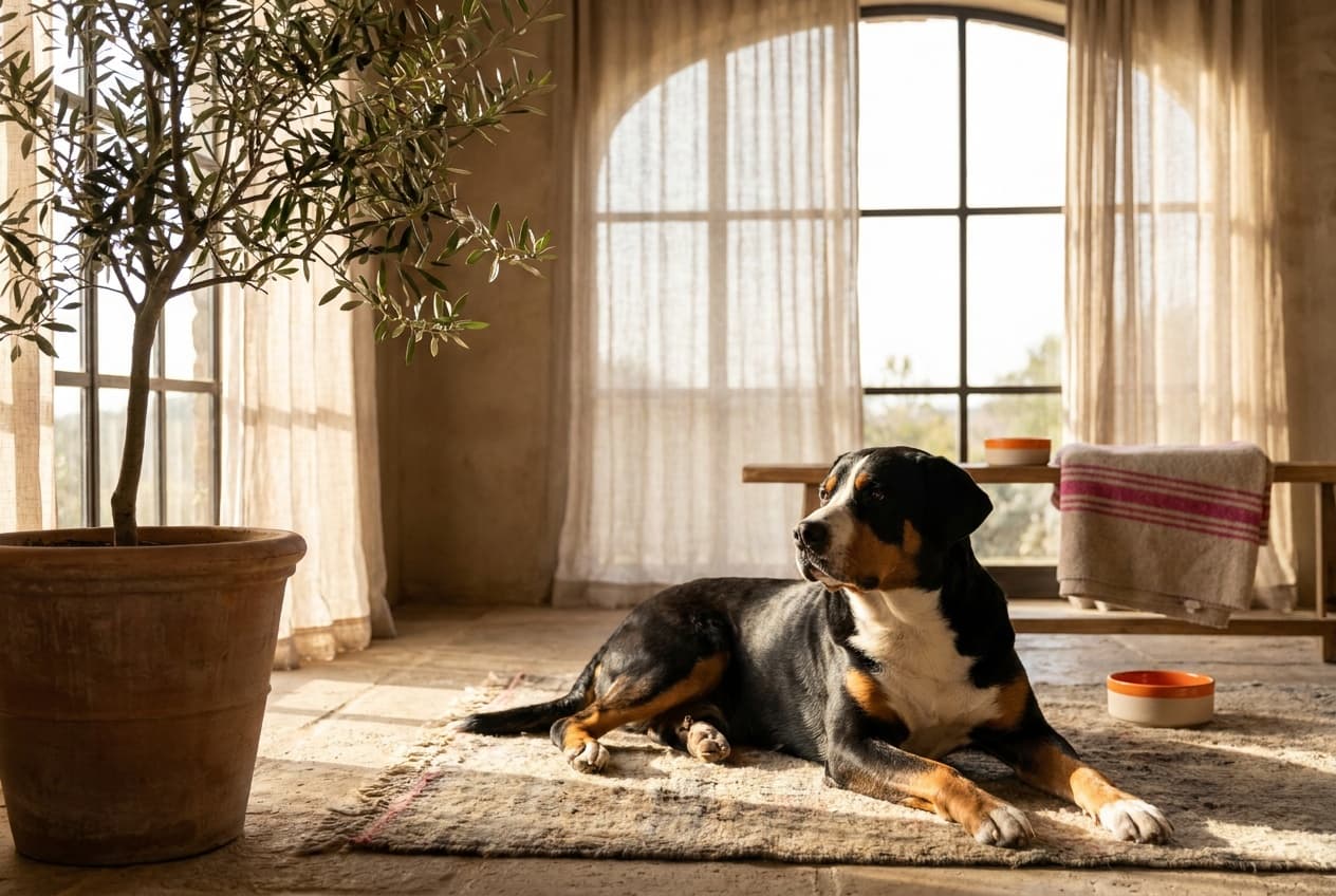 A Greater Swiss Mountain Dog relaxing at home
