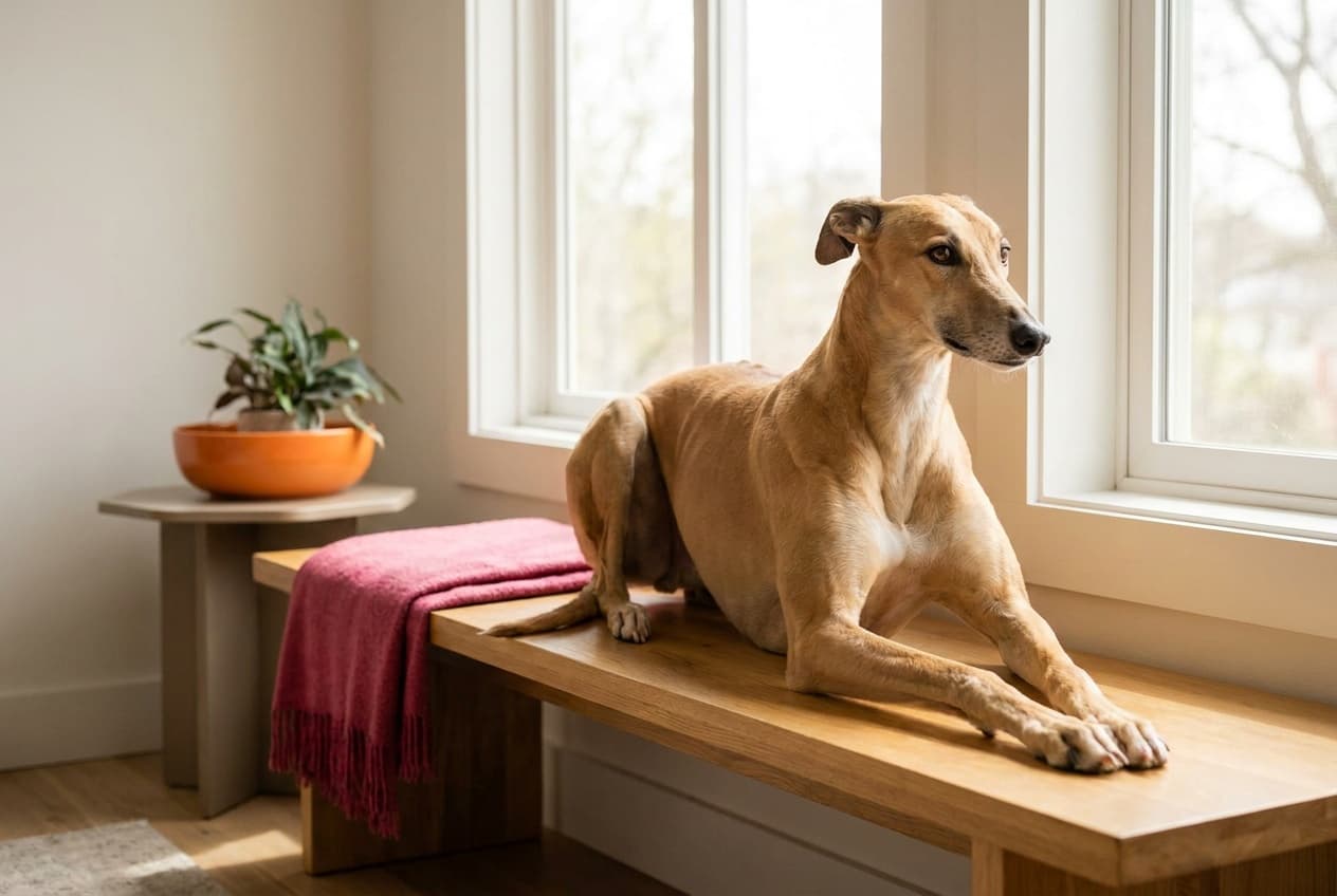 A Greyhound relaxing at home