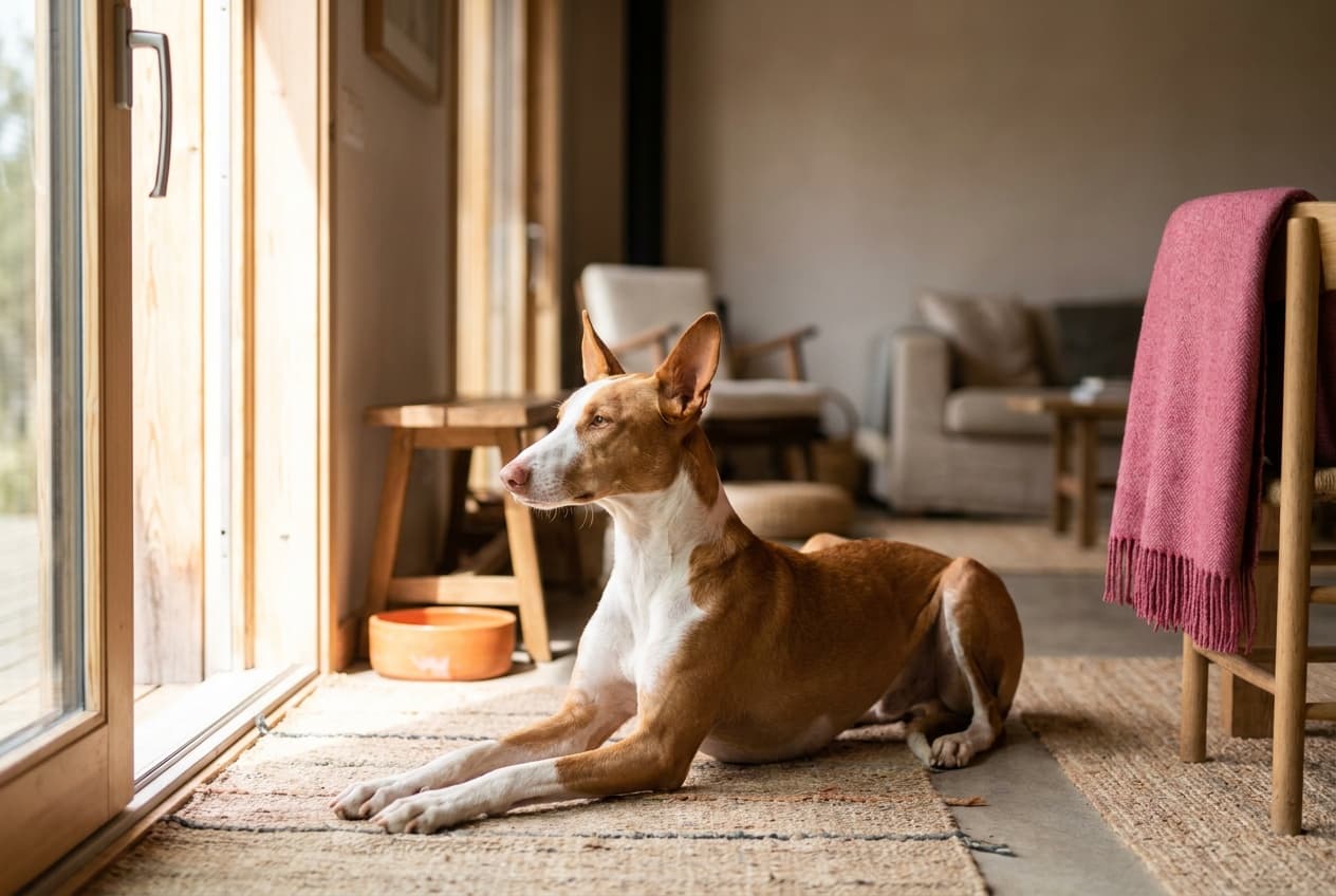 A Ibizan Hound relaxing at home