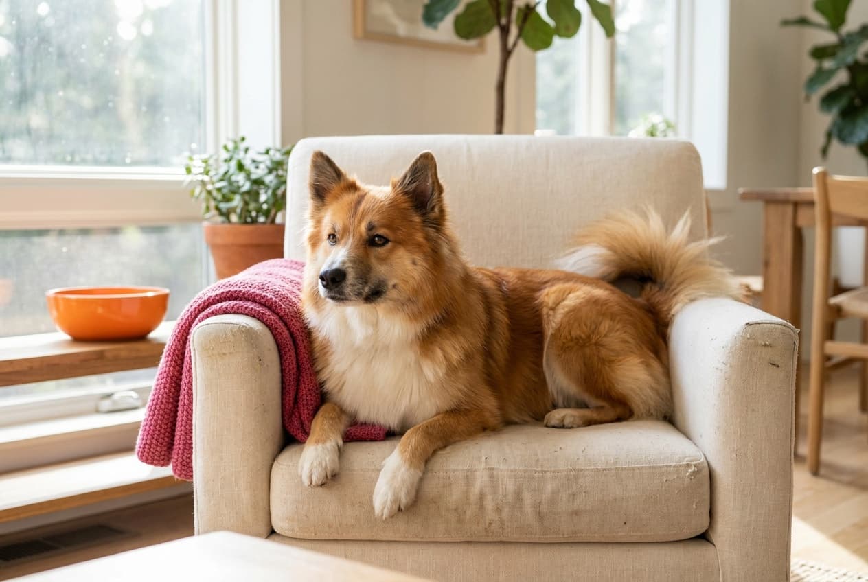 A Icelandic Sheepdog relaxing at home