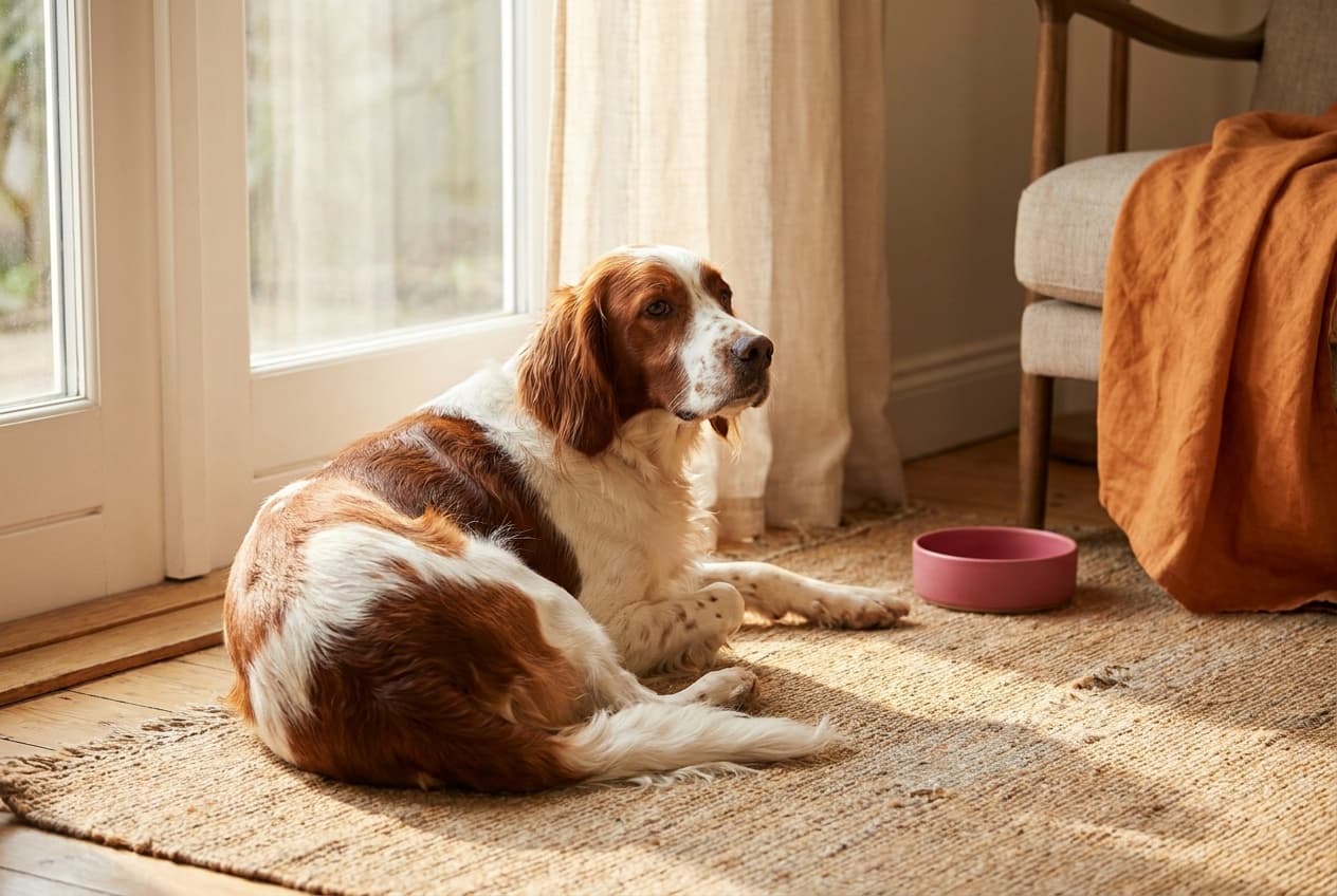 A Irish Red and White Setter relaxing at home