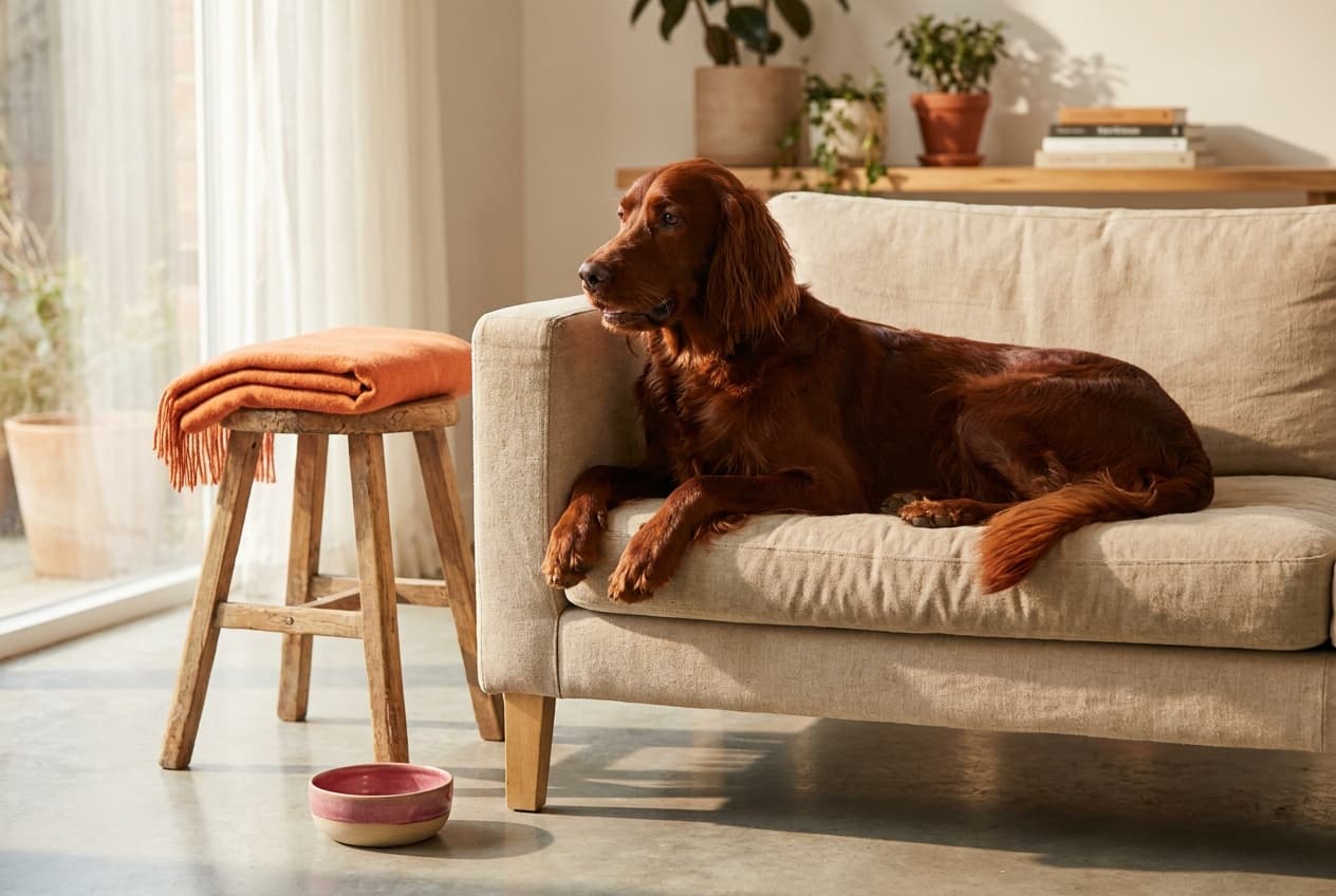 A Irish Setter relaxing at home