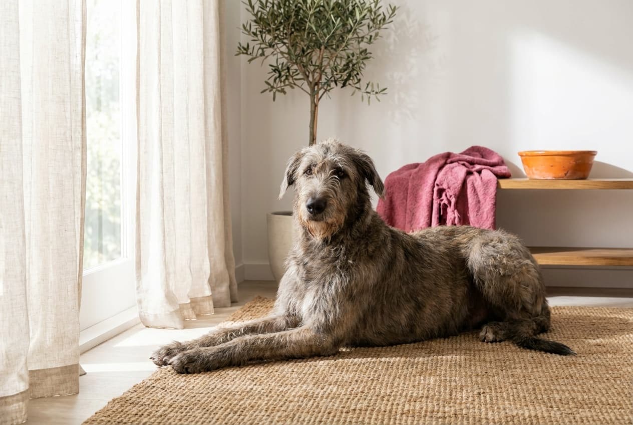 A Irish Wolfhound relaxing at home
