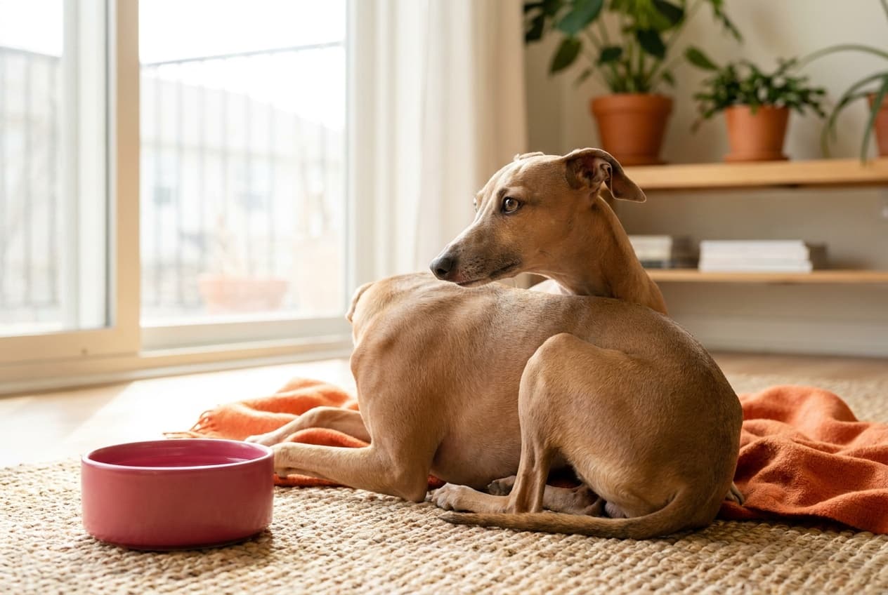 A Italian Greyhound relaxing at home