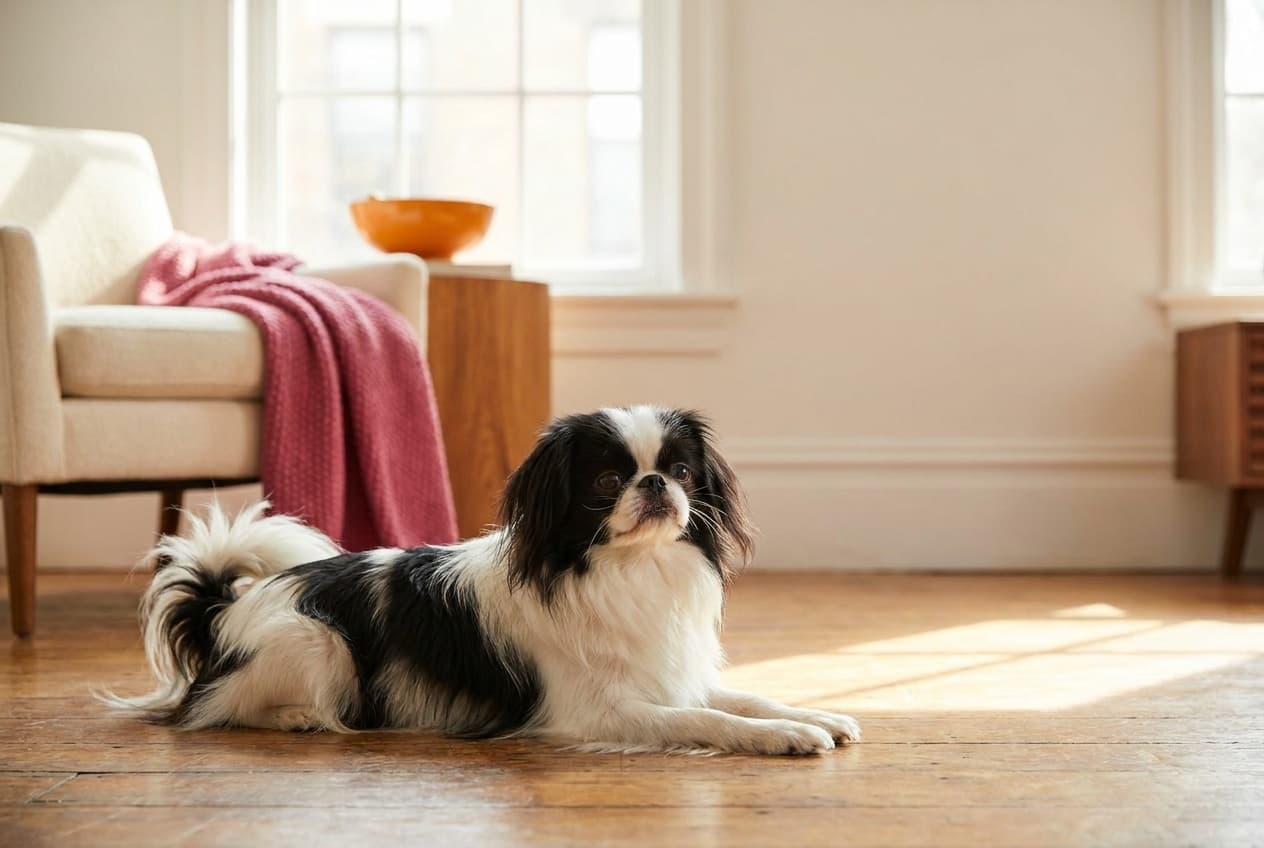 A Japanese Chin relaxing at home