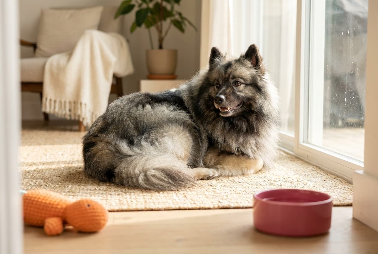 A Keeshond relaxing at home