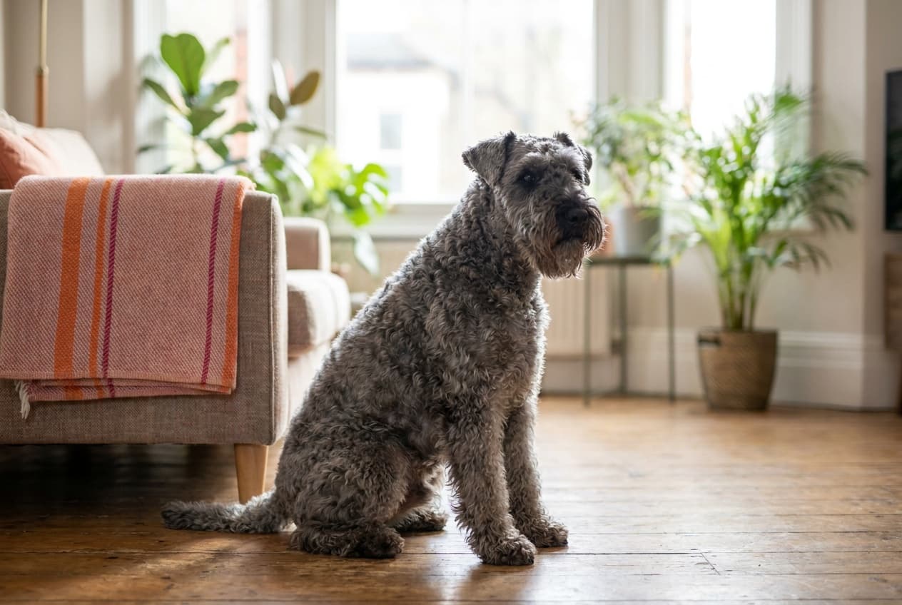 A Kerry Blue Terrier relaxing at home
