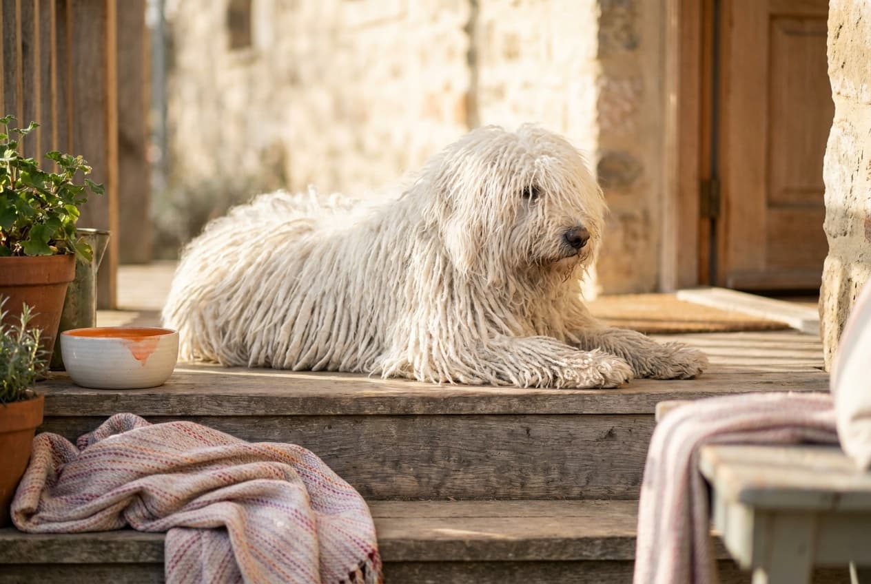 A Komondor relaxing at home