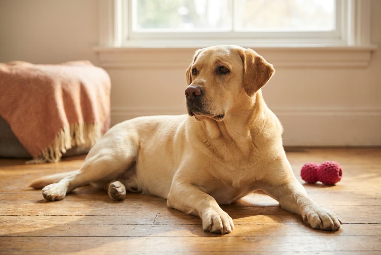 A Labrador Retriever relaxing at home