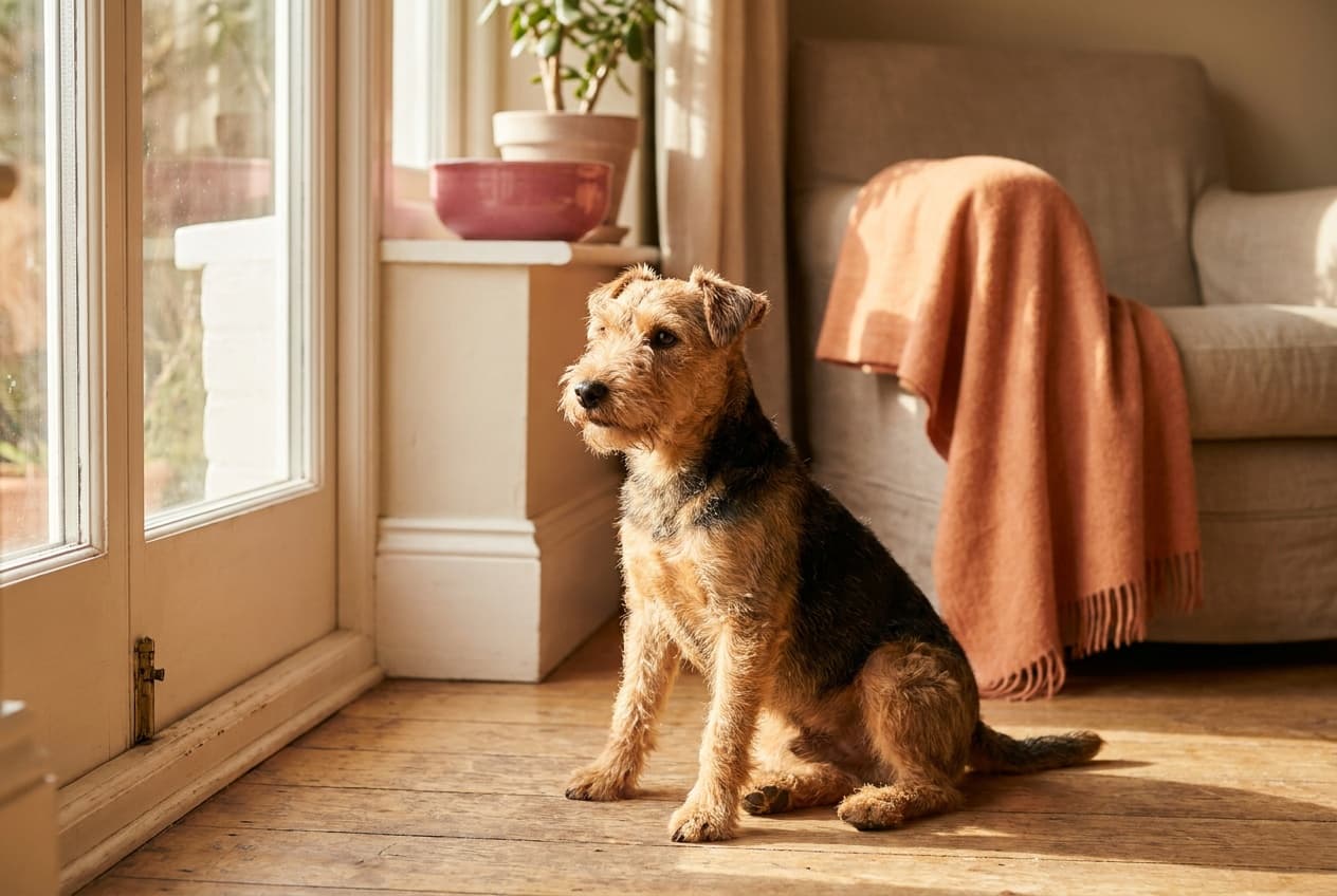 A Lakeland Terrier relaxing at home