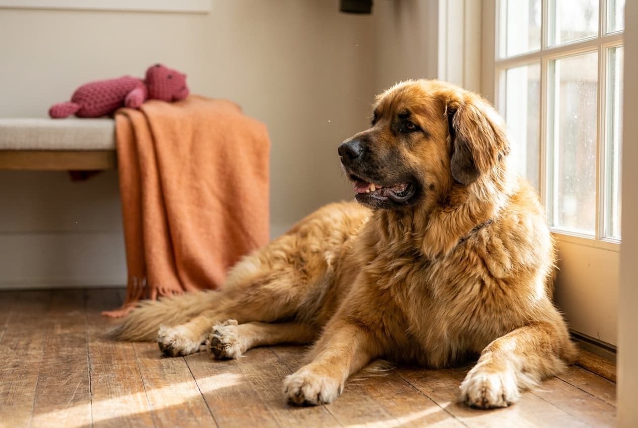 A Leonberger relaxing at home