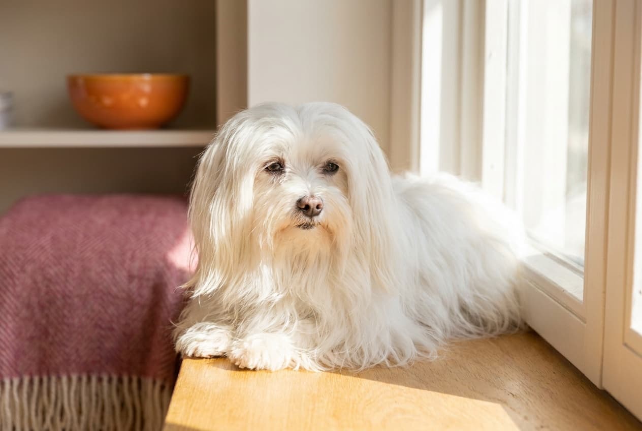 A Maltese relaxing at home