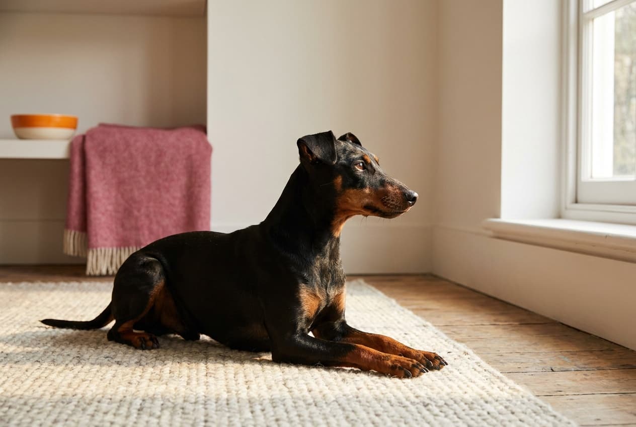 A Manchester Terrier (Toy) relaxing at home