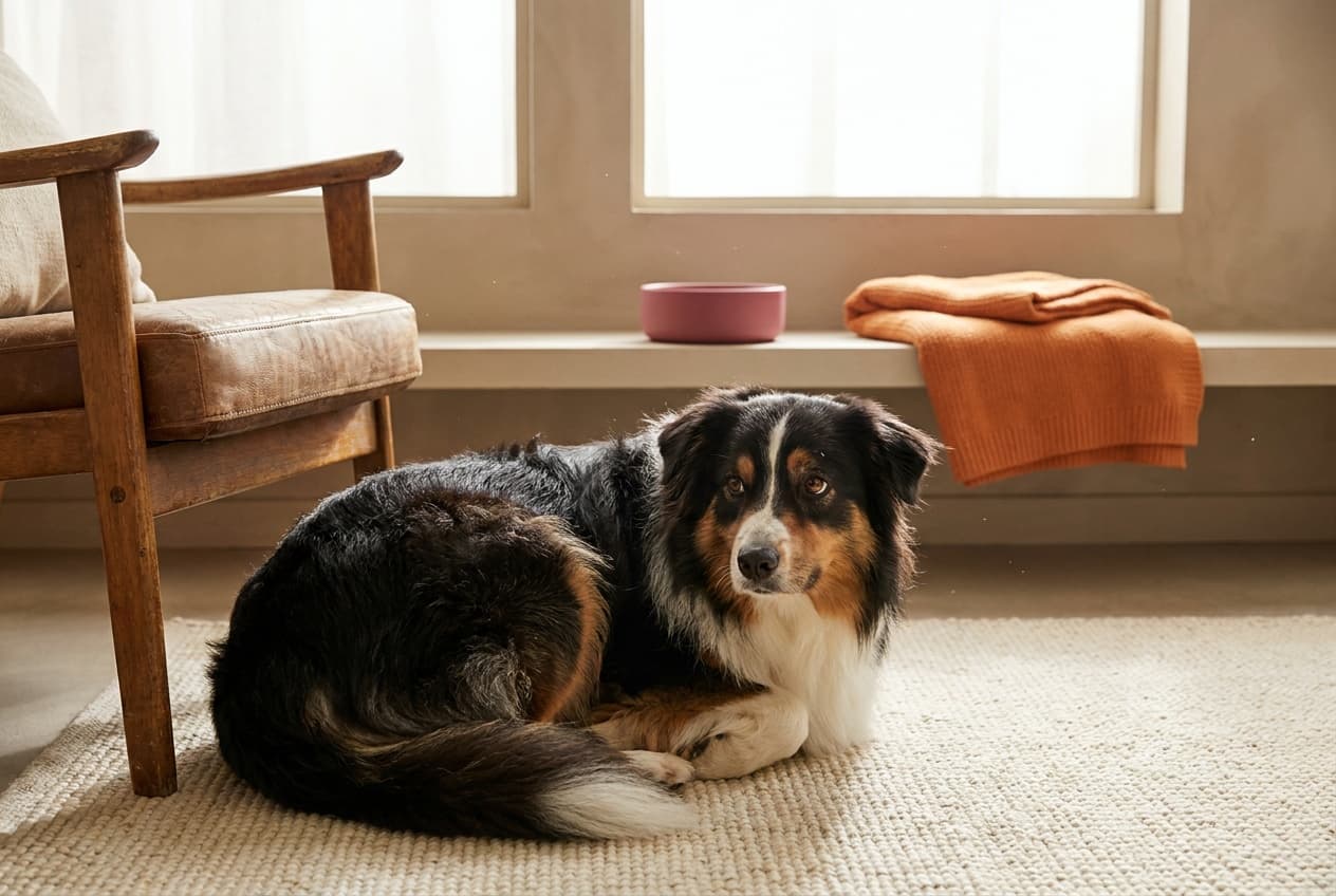 A Miniature American Shepherd relaxing at home