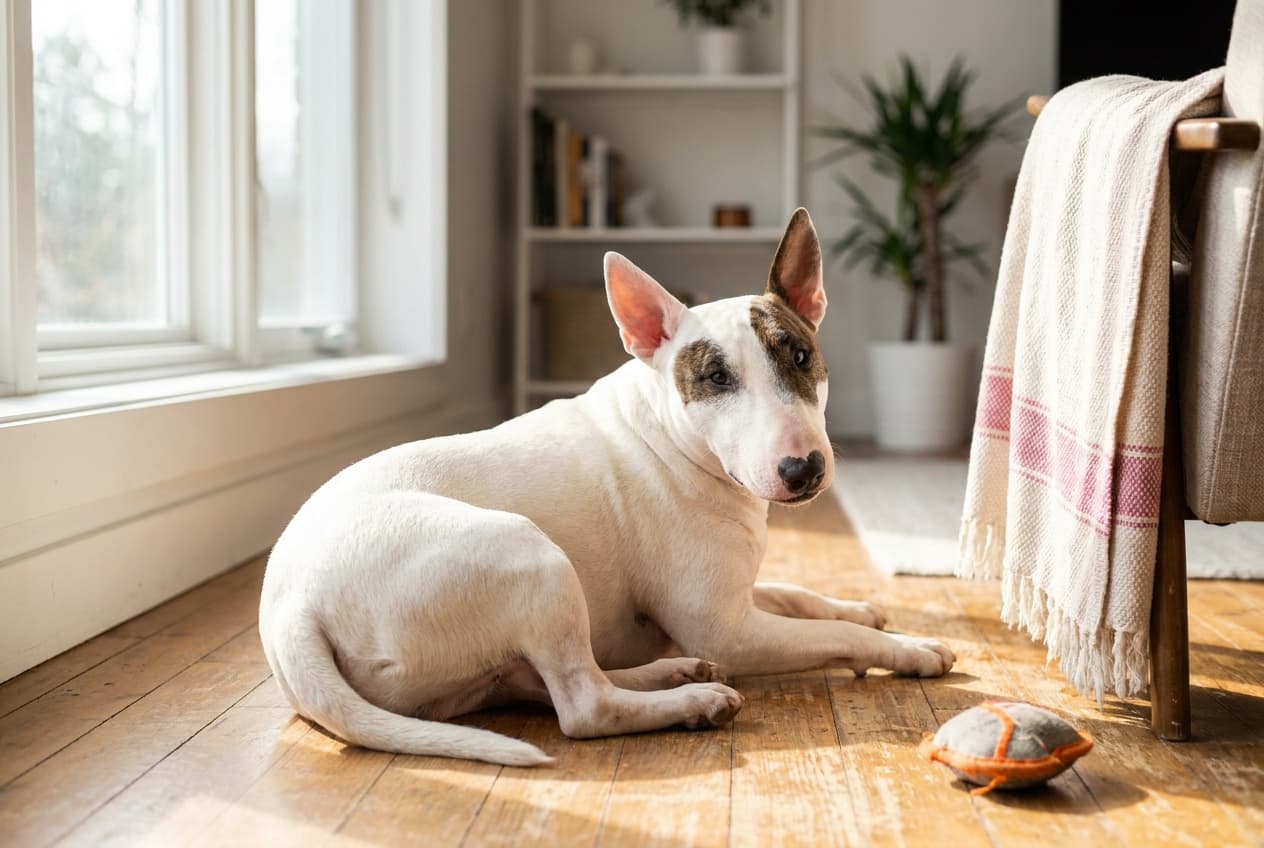 A Miniature Bull Terrier relaxing at home