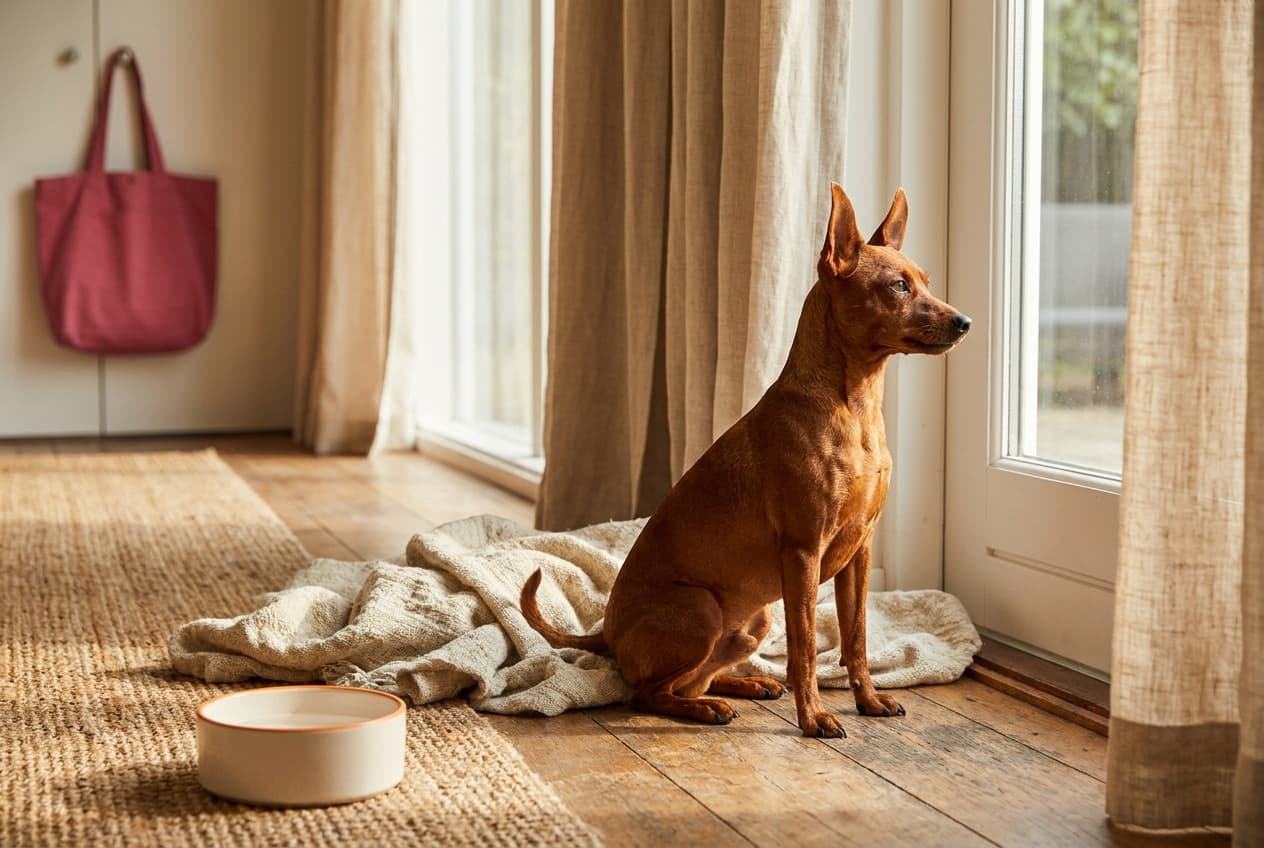 A Miniature Pinscher relaxing at home