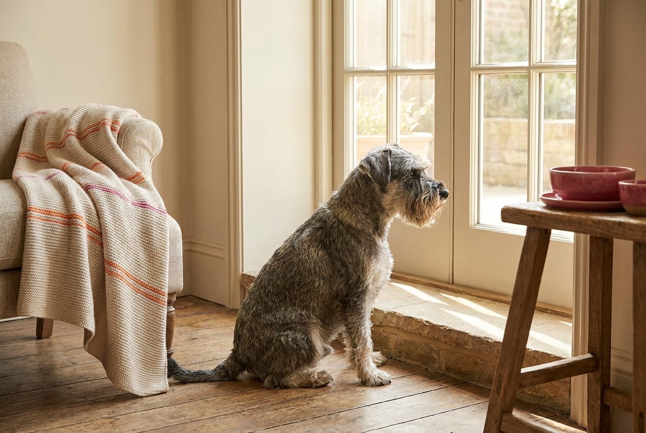 A Miniature Schnauzer relaxing at home