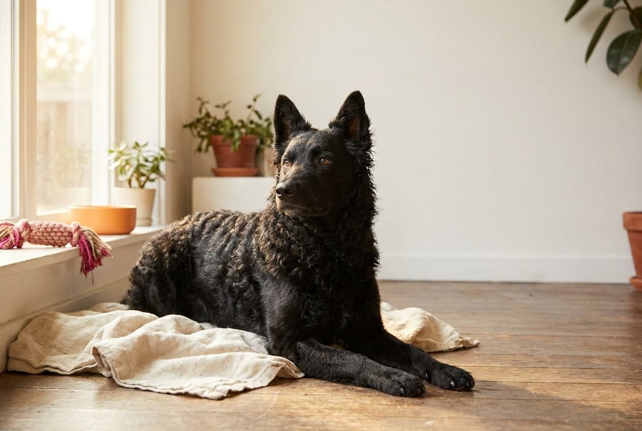 A Mudi relaxing at home