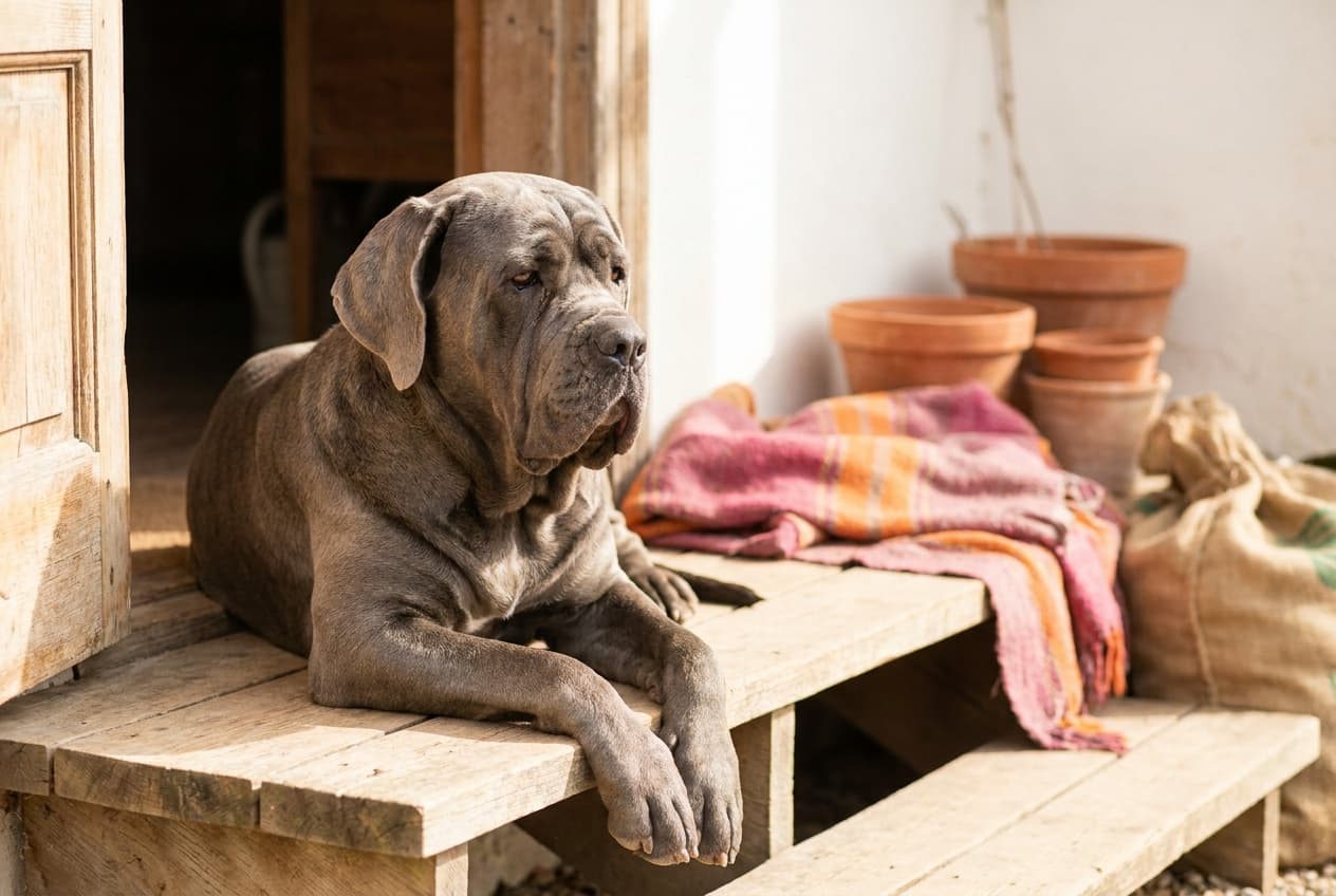 A Neapolitan Mastiff relaxing at home