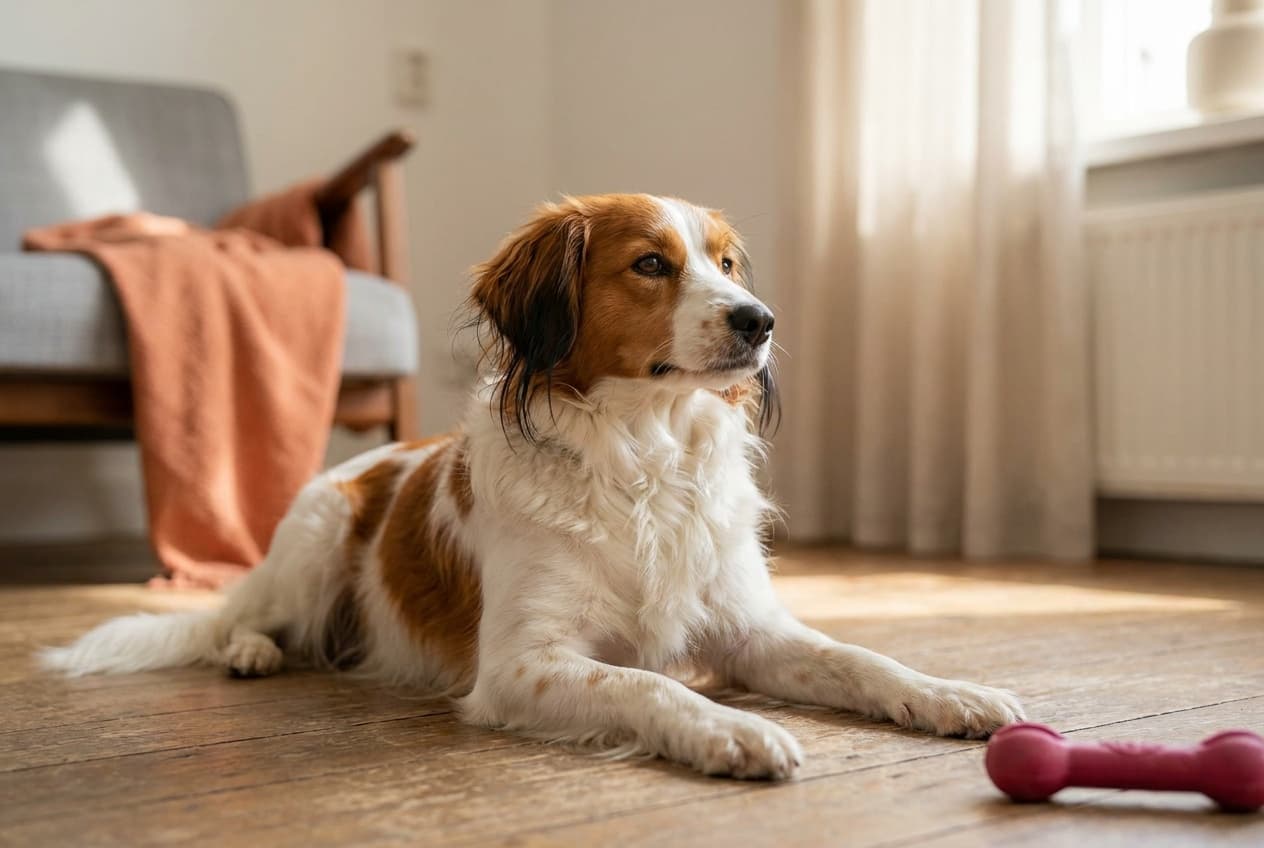 A Nederlandse Kooikerhondje relaxing at home